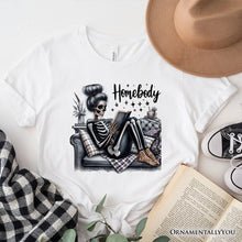 Carregar imagem no visualizador da galeria, Homebody Reading Skeleton T-Shirt, Funny Lazy Selfcare Tee for Introvert Women