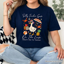 Carregar imagem no visualizador da galeria, Last Day Teacher Goose T-Shirt, Tropical Summer Break Navy, White, and Natural Tee for Fun and Quirky Educators
