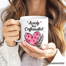 Carregar imagem no visualizador da galeria, Lovely And Caffeinated Personalized Mug, Valentine Heart Coquette Bow Coffee Lover Gift With Custom Name