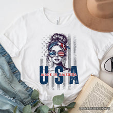 Carregar imagem no visualizador da galeria, Made in America Messy Bun T-Shirt, Retro 4th of July White Patriotic Tee