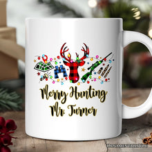 Carregar imagem no visualizador da galeria, Personalized Mug Buffalo Plaid Hunting Theme Christmas, Hunter Gift, Red and Green Deer and Gun