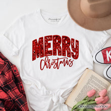 Carregar imagem no visualizador da galeria, Merry Christmas Sequin T‑Shirt, Bold Red Glitter Tee for Festive Holiday Season