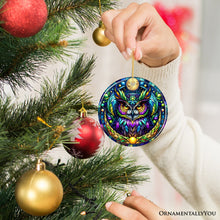 Carregar imagem no visualizador da galeria, Nocturnal Enchanter Mysterious Owl Stained Glass Style Ceramic Ornament, Halloween Themed Christmas Gift and Decor