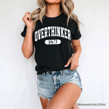 Carregar imagem no visualizador da galeria, Over Thinker 247 T-Shirt, Minimalist Collegiate White, Natural and Black Tee for Tired Women