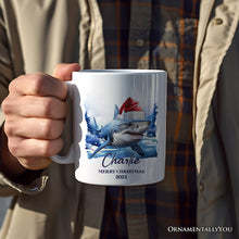 Carregar imagem no visualizador da galeria, Shark with Santa Hat Personalized Mug, Festive Christmas Gift With Custom Name and Date