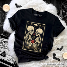 Carregar imagem no visualizador da galeria, Skeleton The Lovers T-Shirt, Tarot Card Gothic Moon Phases Rose Tee