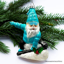 Load image into Gallery viewer, Snowboarding Gnome Glass Christmas Ornament, Winter Blue Aspen Tree Decor