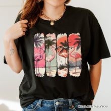 Carregar imagem no visualizador da galeria, Summer Flamingo Beach T-Shirt, Retro Vacation Black Tropical Sunset Tee