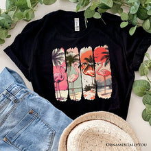 Carregar imagem no visualizador da galeria, Summer Flamingo Beach T-Shirt, Retro Vacation Black Tropical Sunset Tee