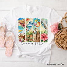 Carregar imagem no visualizador da galeria, Summer Vibes T-Shirt, White and Natural Beach Tee with Coconut and Flowers
