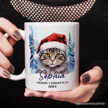 Carregar imagem no visualizador da galeria, Tabby Cat with Santa Hat Personalized Mug, Winter Forest Christmas Gift With Custom Name and Date