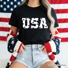 Load image into Gallery viewer, USA Block Letters T-Shirt, Vintage Patriotic Tee for Independence Day