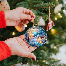 Carregar imagem no visualizador da galeria, Magical Winter Lake Cabin Ceramic Christmas Ornament, Stained Glass Theme Tree Decor