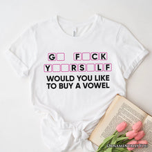 Load image into Gallery viewer, Would You Like To Buy A Vowel Puzzle T-Shirt, Funny Sarcastic White and Natural Tee for Witty Women