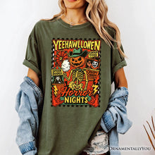 Load image into Gallery viewer, Yee Haw Halloween Retro Pumpkin Skeleton T-Shirt, Spooky Country Western Tee for Fall