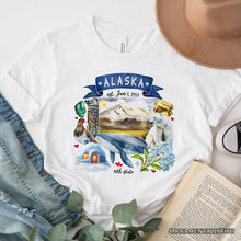Load image into Gallery viewer, Artistic Alaska State Themes and Landmarks T-Shirt, Tee for History and Travel Lovers