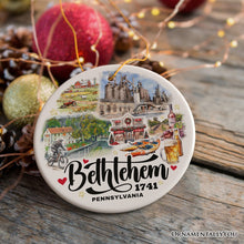 Carregar imagem no visualizador da galeria, Artistic Bethlehem City Ceramic Watercolor Ornament, Pennsylvania State Colonial and Industrial Christmas Gift