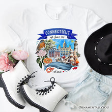Load image into Gallery viewer, Artistic Connecticut State Themes and Landmarks T-Shirt, Tee for History and Travel Lovers