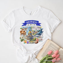 Load image into Gallery viewer, Artistic Georgia State Themes and Landmarks T-Shirt, Tee for History and Travel Lovers