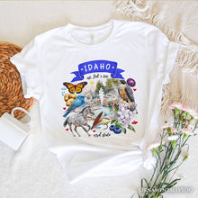 Load image into Gallery viewer, Artistic Idaho State Themes and Landmarks T-Shirt, Tee for History and Travel Lovers