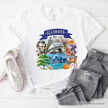 Load image into Gallery viewer, Artistic Illinois State Themes and Landmarks T-Shirt, Tee for History and Travel Lovers