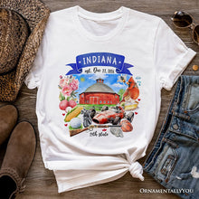 Load image into Gallery viewer, Artistic Indiana State Themes and Landmarks T-Shirt, Tee for History and Travel Lovers