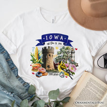 Load image into Gallery viewer, Artistic Iowa State Themes and Landmarks T-Shirt, Tee for History and Travel Lovers