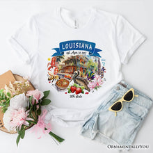 Load image into Gallery viewer, Artistic Louisiana State Themes and Landmarks T-Shirt, Tee for History and Travel Lovers
