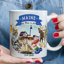 Load image into Gallery viewer, Artistic Maine State Themes and Landmarks Personalized Mug With Custom Name