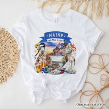 Load image into Gallery viewer, Artistic Maine State Themes and Landmarks T-Shirt, Tee for History and Travel Lovers