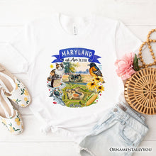 Load image into Gallery viewer, Artistic Maryland State Themes and Landmarks T-Shirt, Tee for History and Travel Lovers