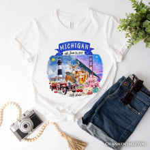 Carregar imagem no visualizador da galeria, Artistic Michigan State Themes and Landmarks T-Shirt, Tee for History and Travel Lovers