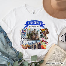 Load image into Gallery viewer, Artistic Minnesota State Themes and Landmarks T-Shirt, Tee for History and Travel Lovers