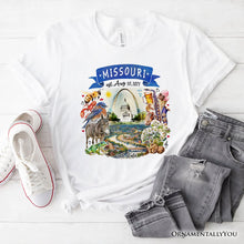 Load image into Gallery viewer, Artistic Missouri State Themes and Landmarks T-Shirt, Tee for History and Travel Lovers