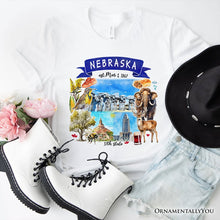 Load image into Gallery viewer, Artistic Nebraska State Themes and Landmarks T-Shirt, Tee for History and Travel Lovers