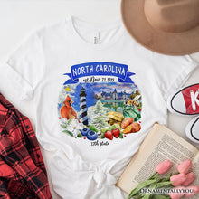 Load image into Gallery viewer, Artistic North Carolina State Themes and Landmarks T-Shirt, Tee for History and Travel Lovers