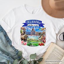 Load image into Gallery viewer, Artistic Oklahoma State Themes and Landmarks T-Shirt, Tee for History and Travel Lovers