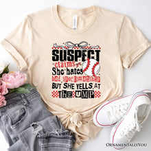 Load image into Gallery viewer, Baseball Suspect Claims Fun T-Shirt, Retro White and Natural Tee With Coquette Bow