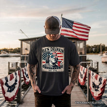 Load image into Gallery viewer, Ben Drankin Funny 4th of July T-Shirt, White, Navy and Black Patriotic Tee With Benjamin Franklin
