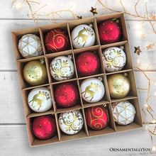 Cargar imagen en el visor de la galería, Charming Elegance Ornament Bundle 16 Piece Set, Red White and Gold with Glitter Premium Shatterproof