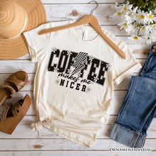 Cargar imagen en el visor de la galería, Coffee Makes Me Nicer Retro T-Shirt, Trendy White and Natural Tee for Stylish Women and Caffeine Lovers