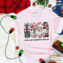 Load image into Gallery viewer, Coquette Pink Christmas T‑Shirt, It's The Most Wonderful Time Of The Year Vintage Tree, Reindeer, Santa and Snowman Tee