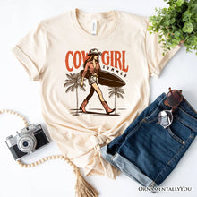 Load image into Gallery viewer, Cowgirl Summer Surf T-Shirt, Retro Western Beach White and Natural Tee for Free-Spirited Women