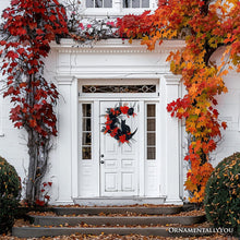 Load image into Gallery viewer, Crescent Moon Floral Black Cat Wreath, 20" Black and Orange Halloween Door Decoration