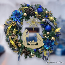 Load image into Gallery viewer, Decorous Nativity Christmas Wreath, Blue and Gold Ribbons and Poinsettias Birth of Christ Door Decoration