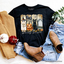 Carregar imagem no visualizador da galeria, Fall Spooky Season Brushstroke T-Shirt, Coquette Vintage Ghost, Cat and Pumpkin Tee