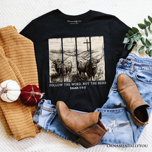 Carregar imagem no visualizador da galeria, Follow the Word Not the Herd Highland Cow T-Shirt, Isaiah 8:11-13 Bible Verse Christian Tee