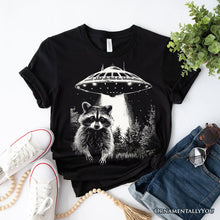 Carregar imagem no visualizador da galeria, Funny UFO Raccoon T-Shirt, Black Unisex Tee for Alien Enthusiasts