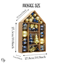 Carregar imagem no visualizador da galeria, Glam and Glittered Gold and Blue Elegant Christmas Ornament Set, 70 Assorted Balls, Trees, Snowflakes, and Royal Heart Pendants