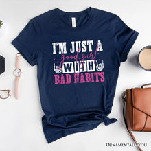 Carregar imagem no visualizador da galeria, Good Girl with Bad Habits T-Shirt, Grunge Pink and Skeleton Hands Navy, Black, and White Tee for Wild and Rebellious Women